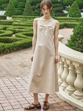 OLIVE DES OLIVE Beltd V-Neck Long Sleeveless Dress