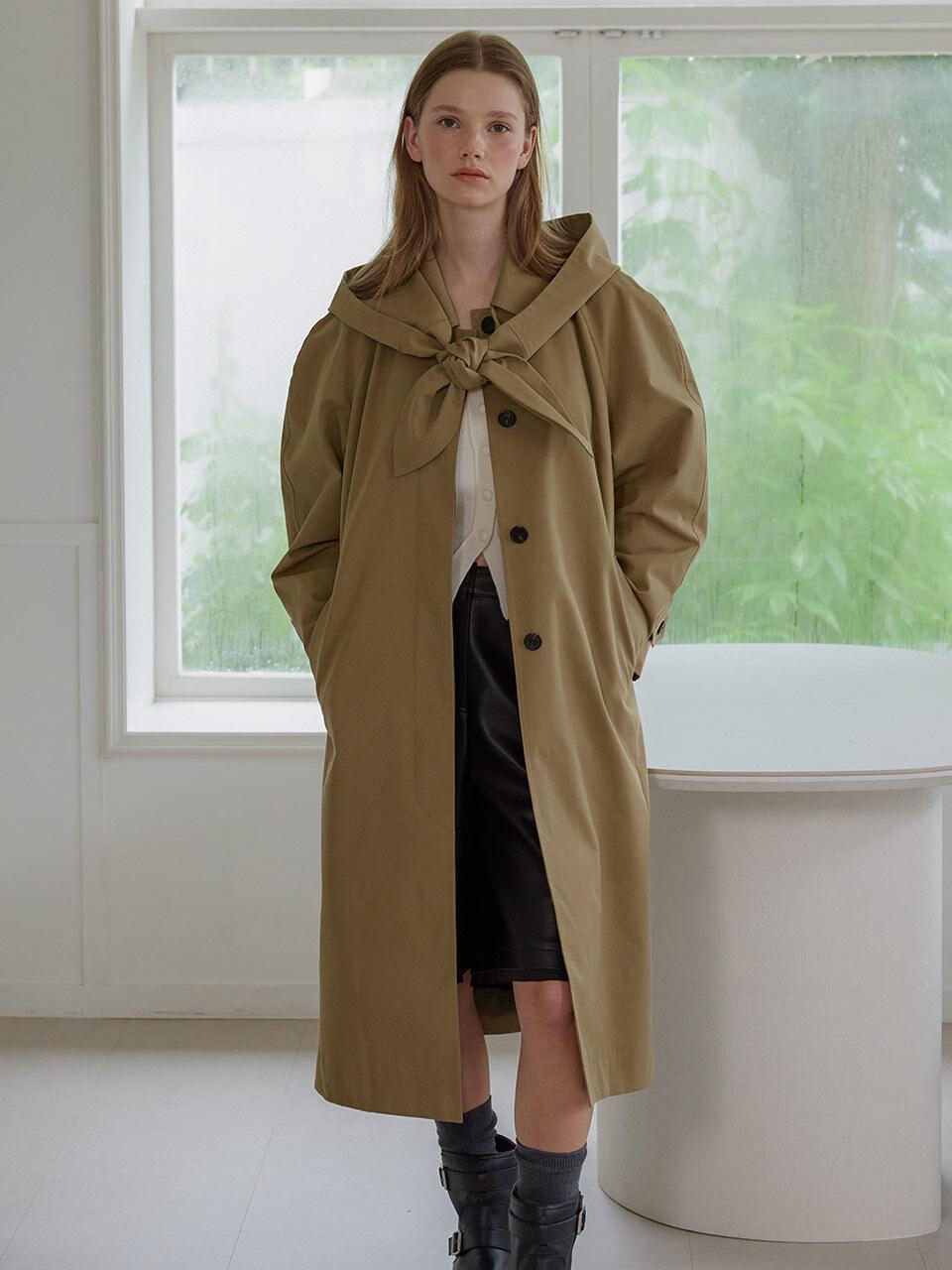 OLIVE DES OLIVE Detachable Hooded Belted Long Trench Coat