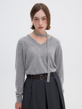 OLIVE DES OLIVE Detachable Ribbon V-neck Knitwear OK4AP8640