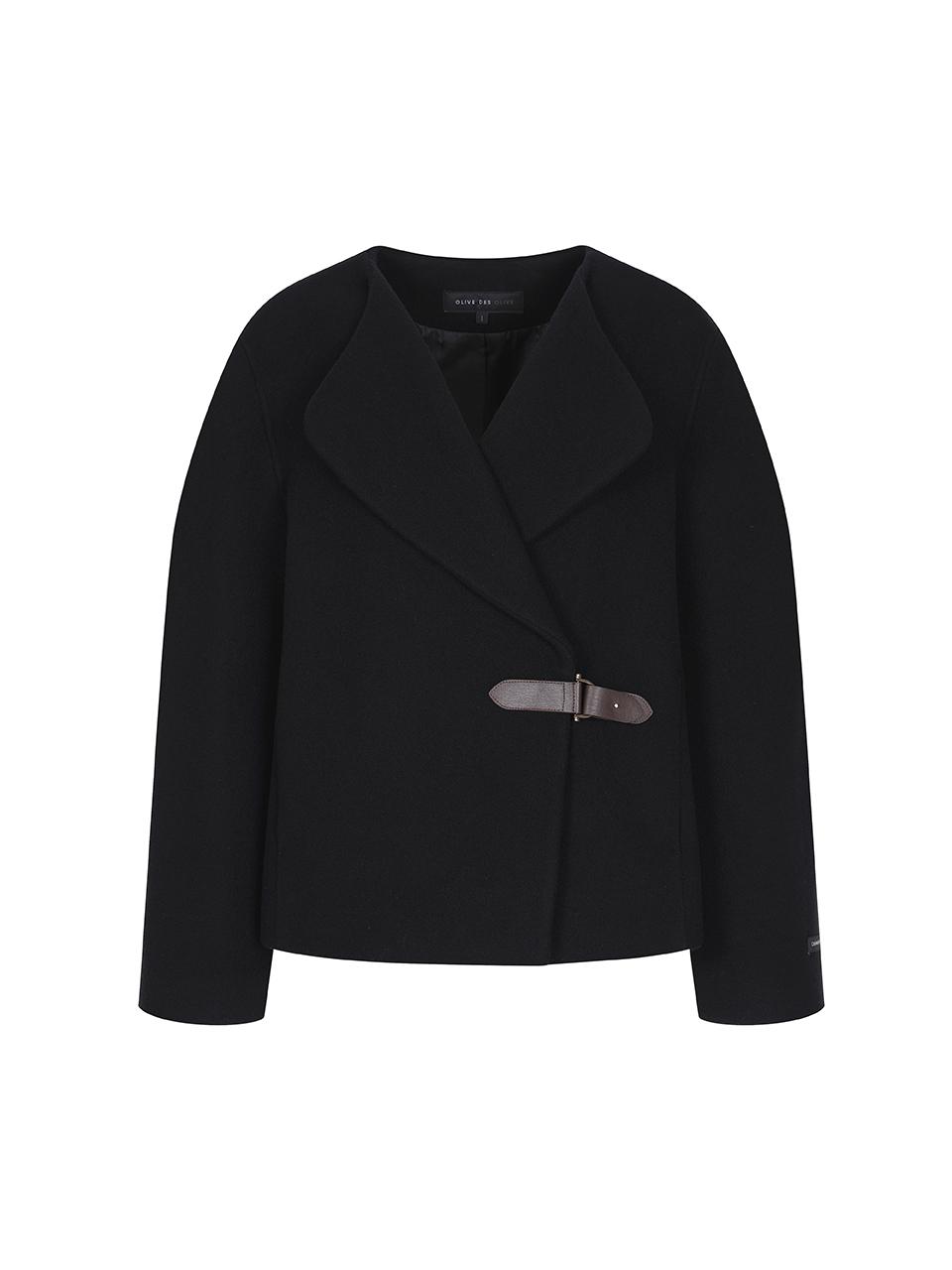 OLIVE DES OLIVE Leather Buckle Volume Sleeve Wool Cashmere Collarless Jacket [Black] (OW4WJA030)