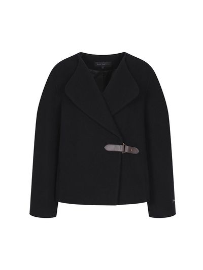 OLIVE DES OLIVE Leather Buckle Volume Sleeve Wool Cashmere Collarless Jacket [Black] (OW4WJA030)