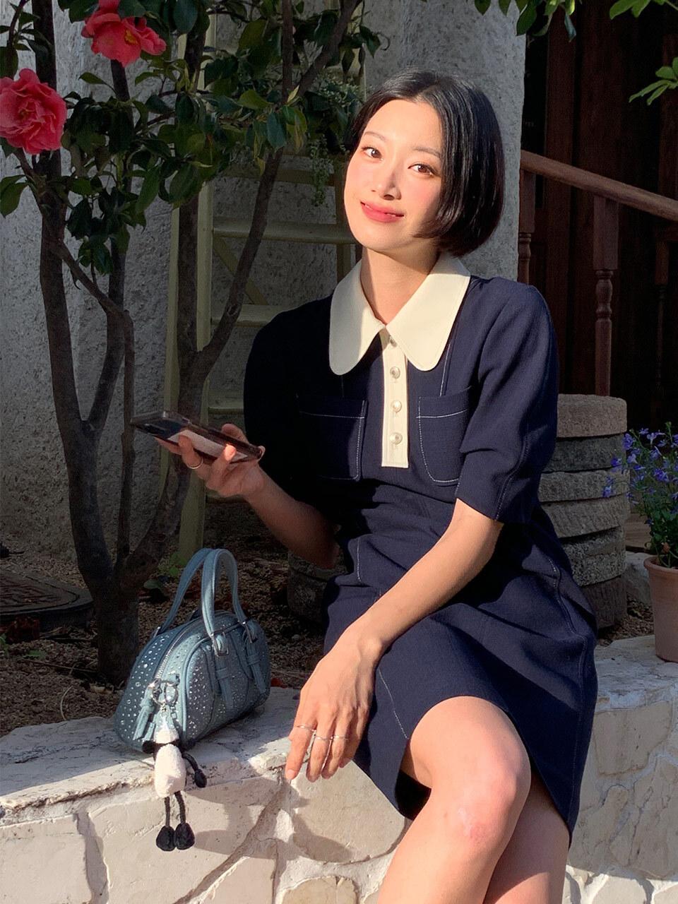OLIVE DES OLIVE Round Color Collar Mini Dress