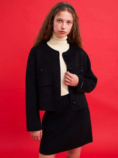 OLIVE DES OLIVE Round Neck Pocket Handmade Cropped Jacket_2 Color