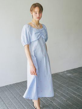 OLIVE DES OLIVE Shirring  Slim Fit Flare Embroidered Dress
