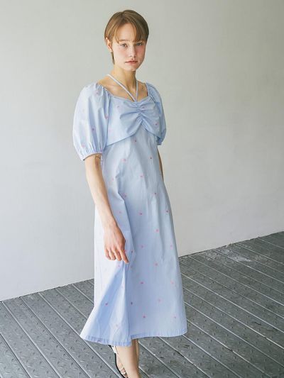 OLIVE DES OLIVE Shirring  Slim Fit Flare Embroidered Dress