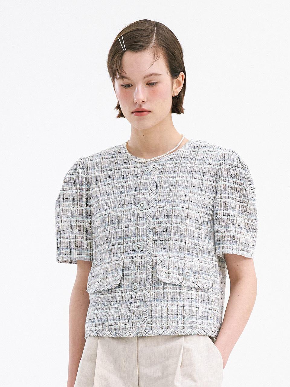 OLIVE DES OLIVE Tweed Check Round Neck Short Sleeve Jacket
