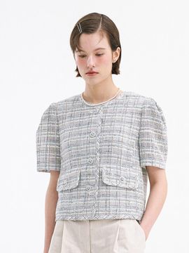 OLIVE DES OLIVE Tweed Check Round Neck Short Sleeve Jacket