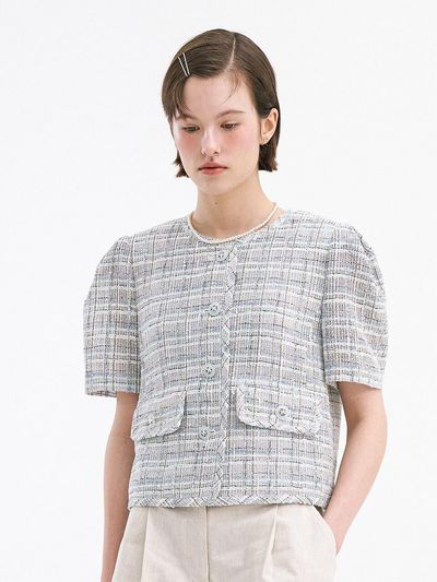 OLIVE DES OLIVE Tweed Check Round Neck Short Sleeve Jacket