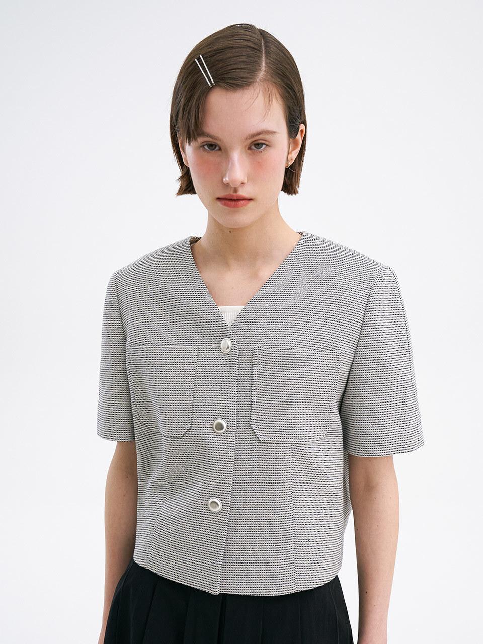 OLIVE DES OLIVE V Neck Check Short Sleeve Jacket