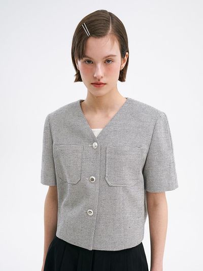 OLIVE DES OLIVE V Neck Check Short Sleeve Jacket