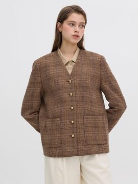 OLIVE DES OLIVE V neck checkered wool jacket OW4WJA400