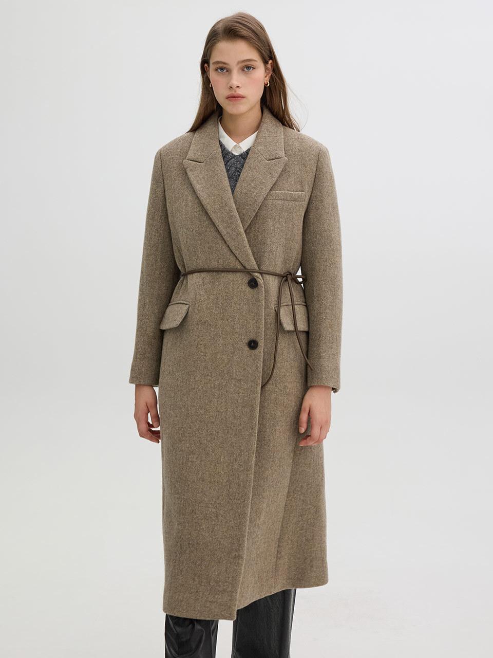 OLIVE DES OLIVE wool-blended Herringbone Belted Long Coat OW4WHB03