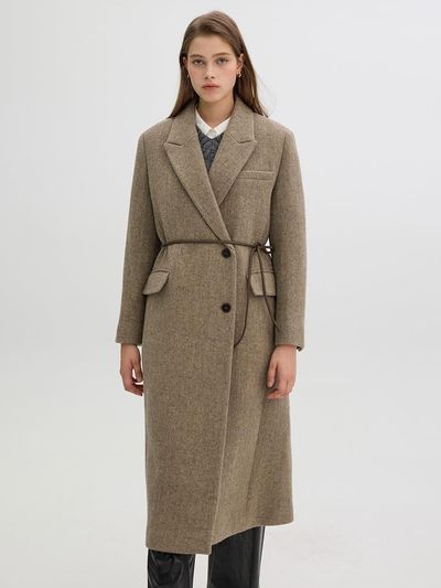 OLIVE DES OLIVE wool-blended Herringbone Belted Long Coat OW4WHB03