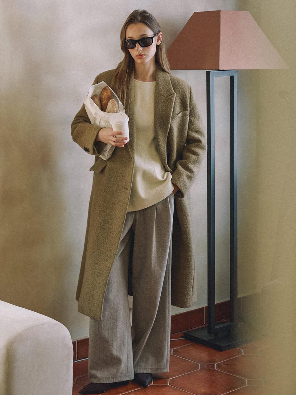 OLIVE DES OLIVE wool alpaca mixed spinning peak collar long coat O