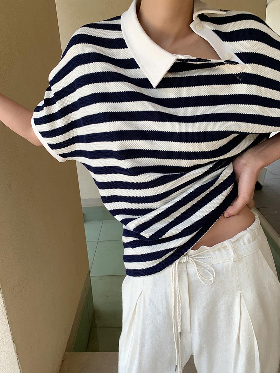 ONE ST Unbalanced Collar T-shirt [NAVY]