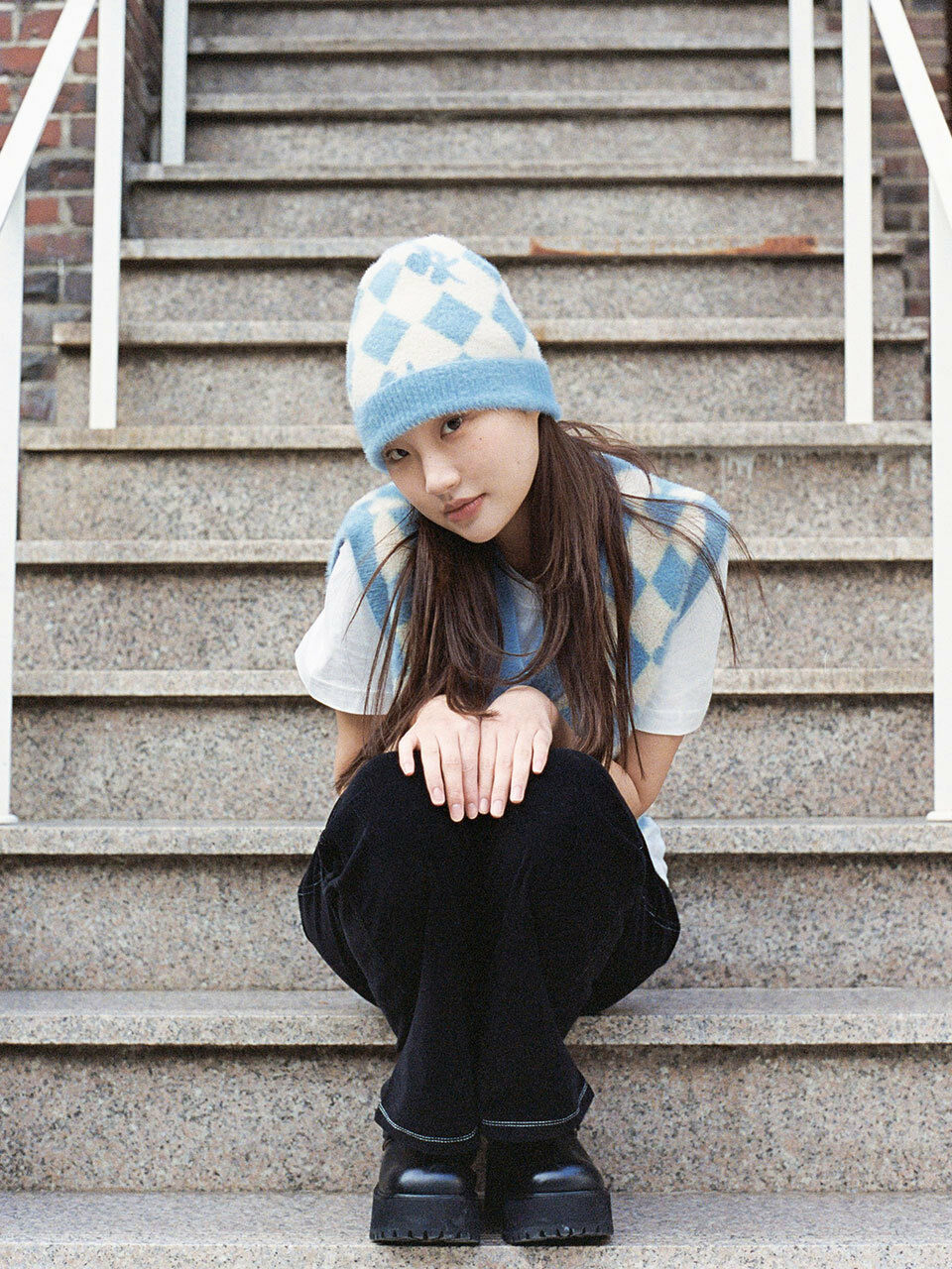 oneninenineone FLORAL ARGYLE KNIT BEANIE _ SKY BLUE