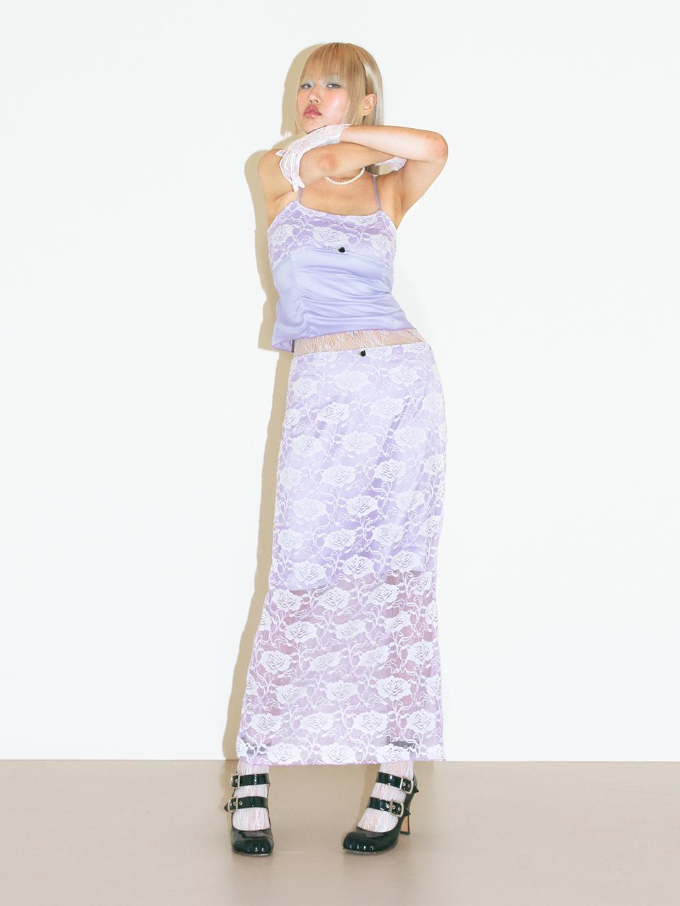 oneninenineone ROSE COSAGE LACE LONG SKIRT_LILAC