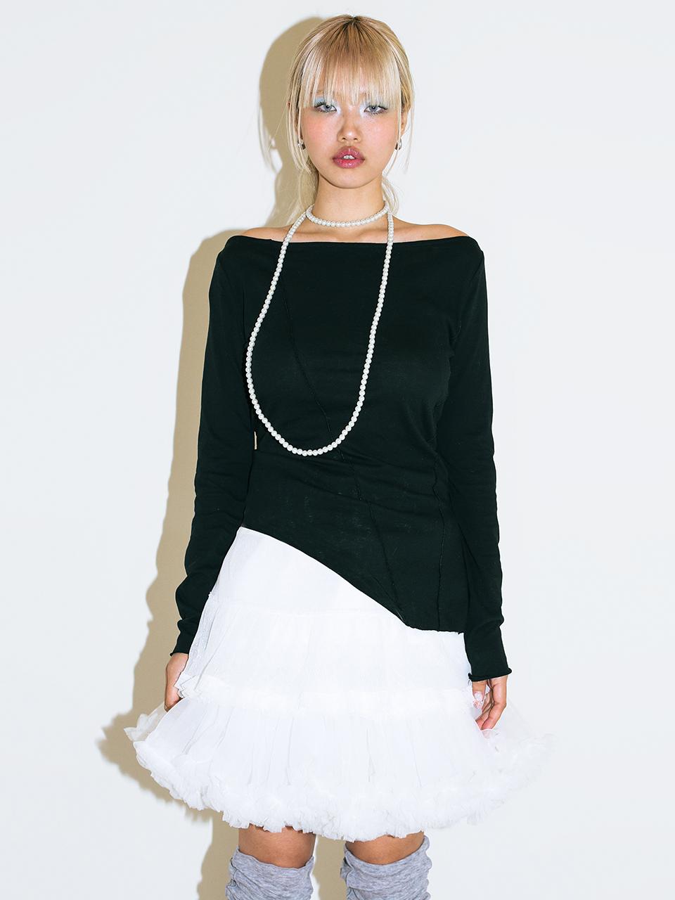 oneninenineone Unbalance Off Shoulder Cotton Tencel T-Shirt [Black]
