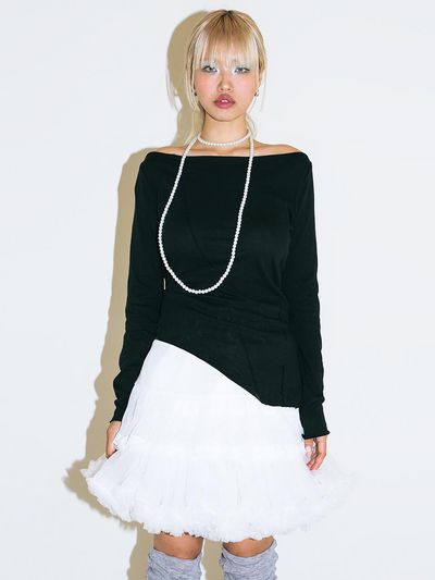 oneninenineone Unbalance Off Shoulder Cotton Tencel T-Shirt [Black]