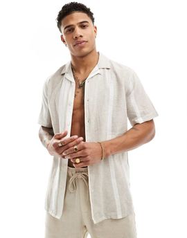 ONLY & SONS Only & Sons camp collar linen mix shirt in beige stripe-Neutral