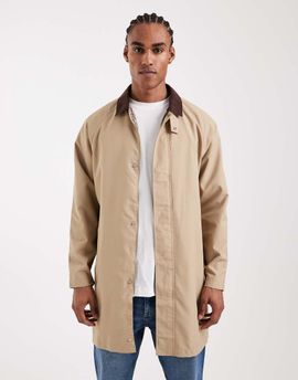 ONLY & SONS ONLY & SONS corduroy collar detail longline rain coat in beige-Neutral