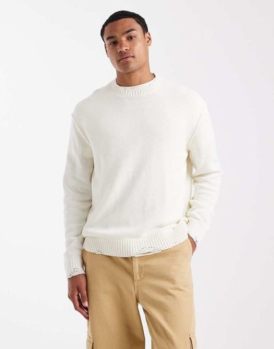 ONLY & SONS ONLY & SONS distressed crew neck knit sweater in white