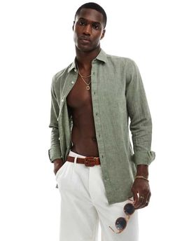 ONLY & SONS ONLY & SONS linen mix long sleeve shirt in sage-Green