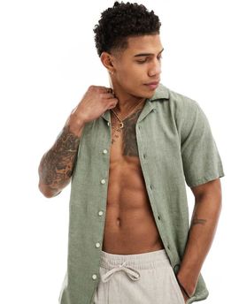 ONLY & SONS ONLY & SONS linen mix revere collar shirt in sage green