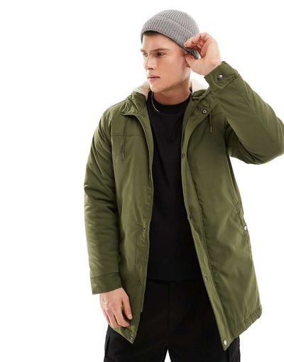ONLY & SONS Only & Sons parka with borg lined hood in khaki-Green