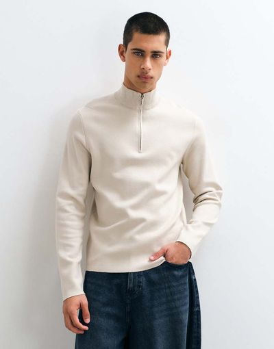 ONLY & SONS ONLY & SONS quarter zip knitted sweater in stone-NEUTRAL