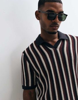 ONLY & SONS ONLY & SONS relaxed fit crochet knit polo in brown stripe-White