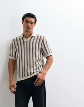 ONLY & SONS ONLY & SONS relaxed fit crochet knit polo shirt in cream stripes-White