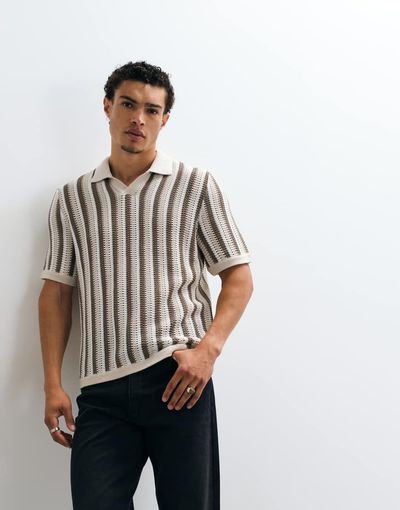 ONLY & SONS ONLY & SONS relaxed fit crochet knit polo shirt in cream stripes-White