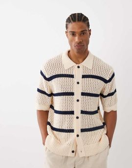 ONLY & SONS ONLY & SONS relaxed fit crochet knit shirt in cream with navy stripes-White