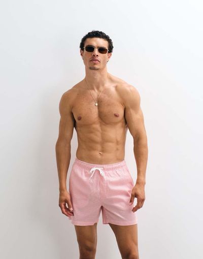 ONLY & SONS ONLY & SONS seersucker swim shorts in coral stripes-pink