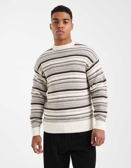 ONLY & SONS ONLY & SONS textured crew neck knit sweater in cream & brown-White