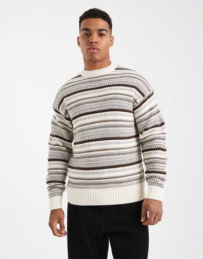 ONLY & SONS ONLY & SONS textured crew neck knit sweater in cream & brown-White