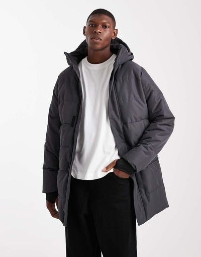 ONLY & SONS ONLY & SONS waterproof longline puffer coat with hood in gray