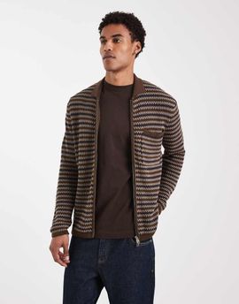 ONLY & SONS ONLY & SONS zip through crochet knit with pocket in navy & brown