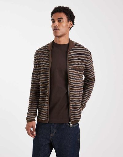 ONLY & SONS ONLY & SONS zip through crochet knit with pocket in navy & brown