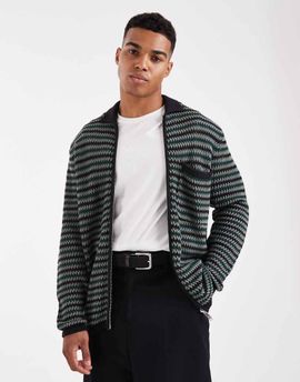 ONLY & SONS ONLY & SONS zip up crochet knit sweater with pocket in black & green