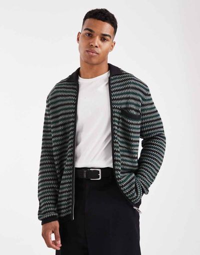 ONLY & SONS ONLY & SONS zip up crochet knit sweater with pocket in black & green
