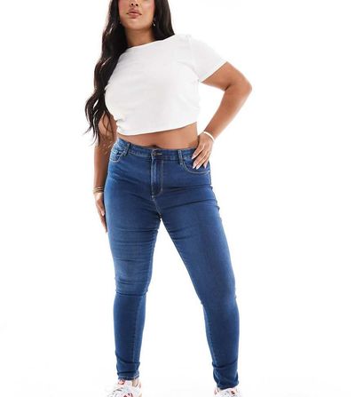 Only Curve Only Curve Augusta high waisted skinny jeans in mid blue wash