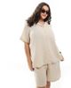 Only Curve ONLY Curve cheesecloth button down shirt co-ord in beige-Neutral - 3