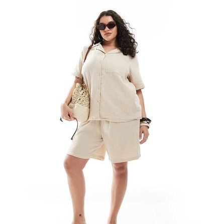 Only Curve ONLY Curve cheesecloth pull on shorts in beige - part of a set-Neutral