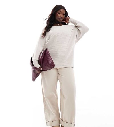 Only Curve ONLY Curve cuffed sleeves knitted sweater in beige-Black