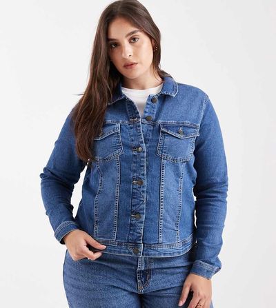 Only Curve Only Curve denim jacket in mid blue wash