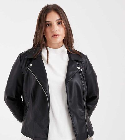 Only Curve Only Curve faux leather biker jacket in black