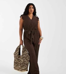 Only Curve ONLY Curve frill details jumpsuit in chocolate brown