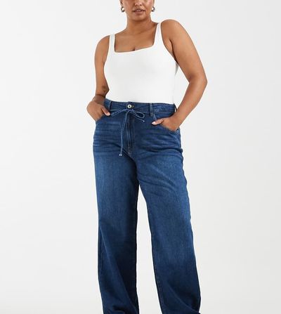 Only Curve ONLY Curve Gianna tie waist straight leg jeans in dark blue